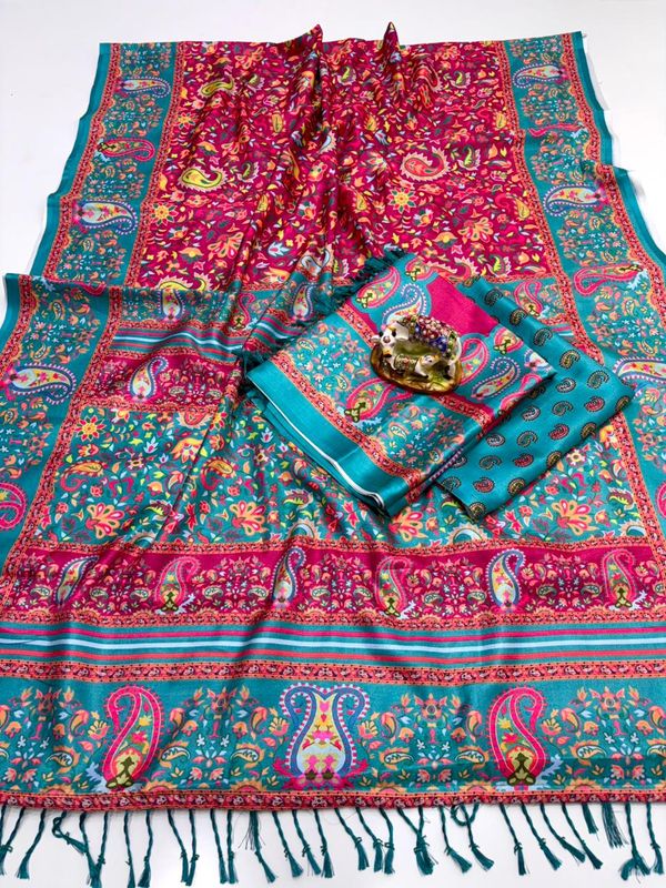 Teal Pink Digital Pashmina Saree With Shawl & Blouse