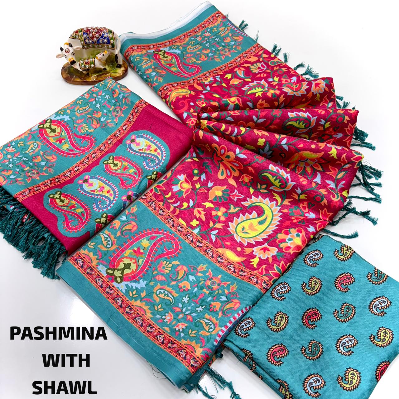 Teal Pink Digital Pashmina Saree With Shawl & Blouse