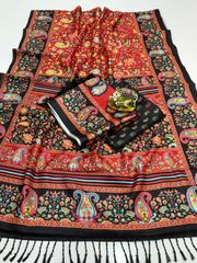 Traditional Digital Print Pashmina Saree with Shawl - Red