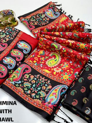 Traditional Digital Print Pashmina Saree with Shawl