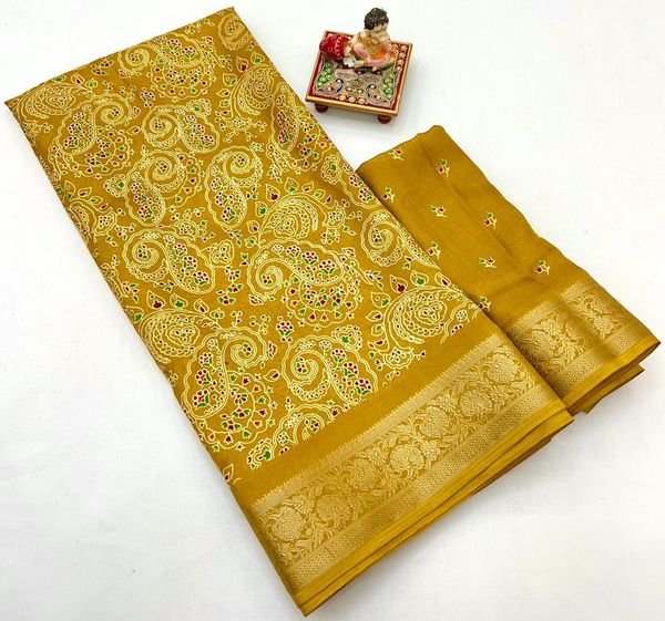 Mustard Calcutta Moss Georgette Printed Saree
