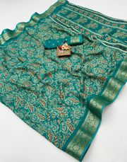 Teal Calcutta Moss Georgette Printed Saree - Teal