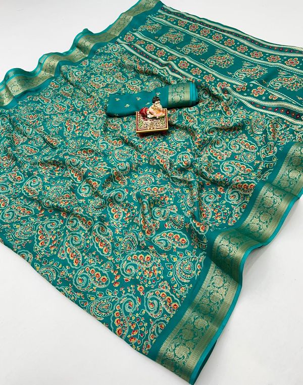 Teal Calcutta Moss Georgette Printed Saree