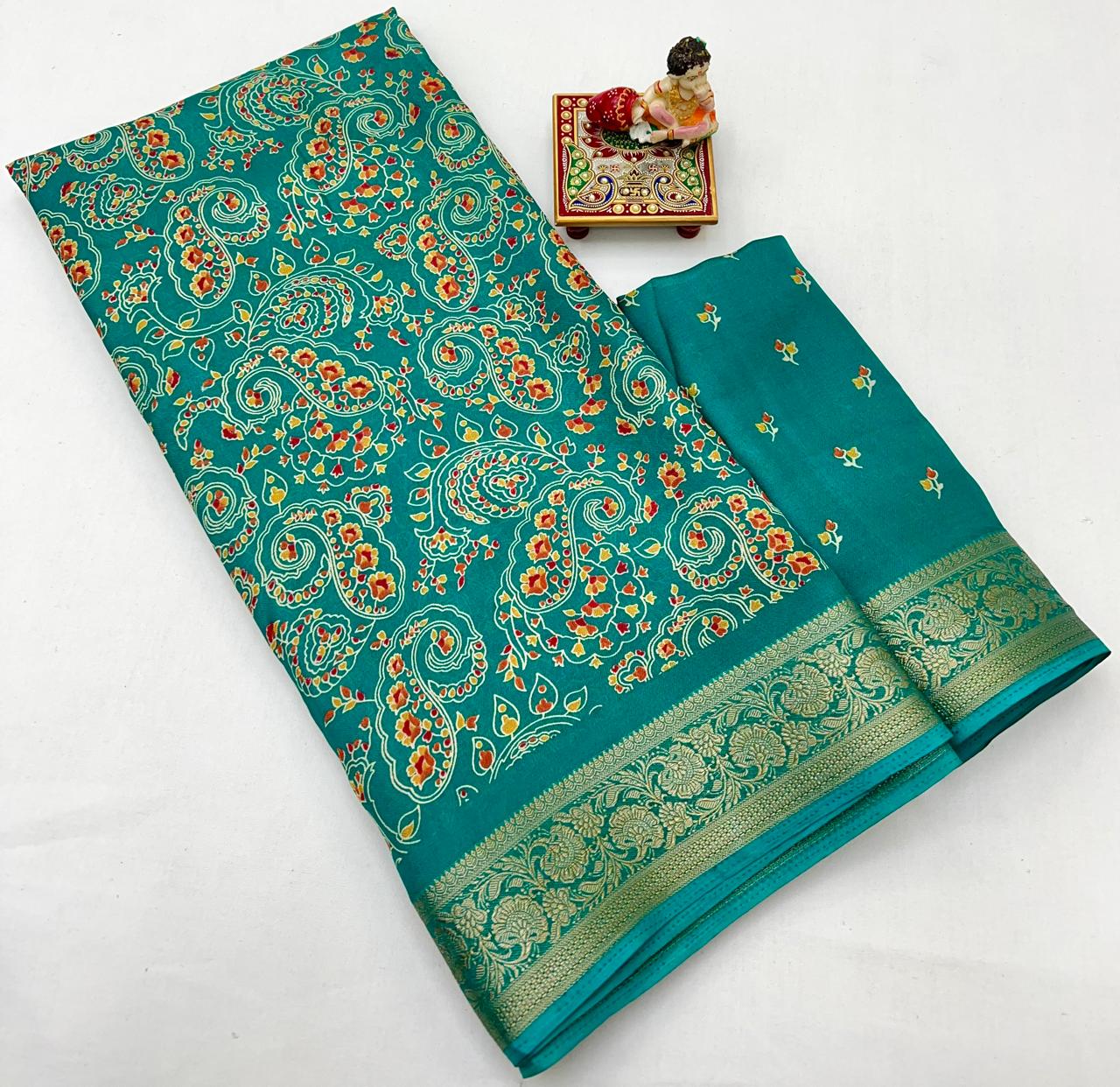 Teal Calcutta Moss Georgette Printed Saree