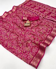 Pink Paisley Print Moss Georgette Saree With Zari Border - Pink