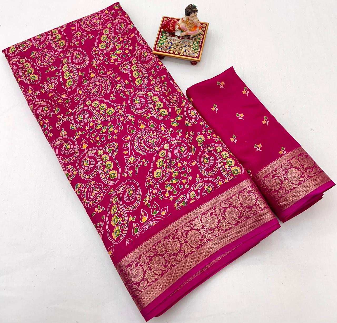 Pink Paisley Print Moss Georgette Saree With Zari Border