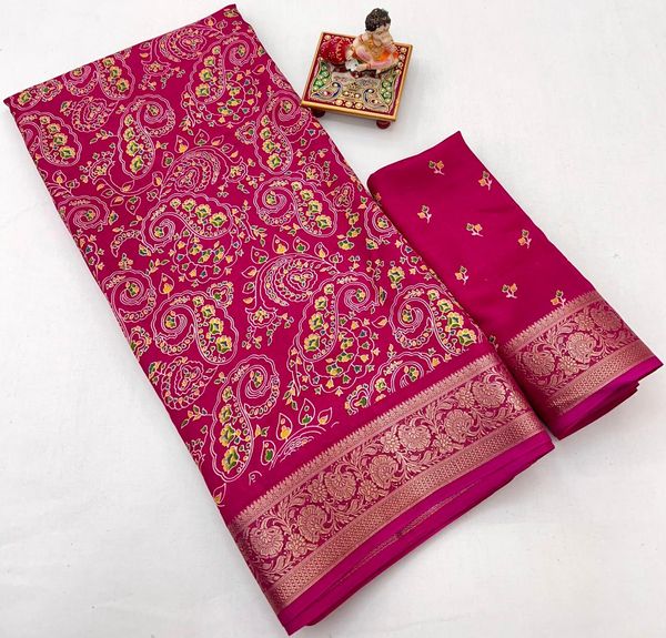 Pink Paisley Print Moss Georgette Saree With Zari Border