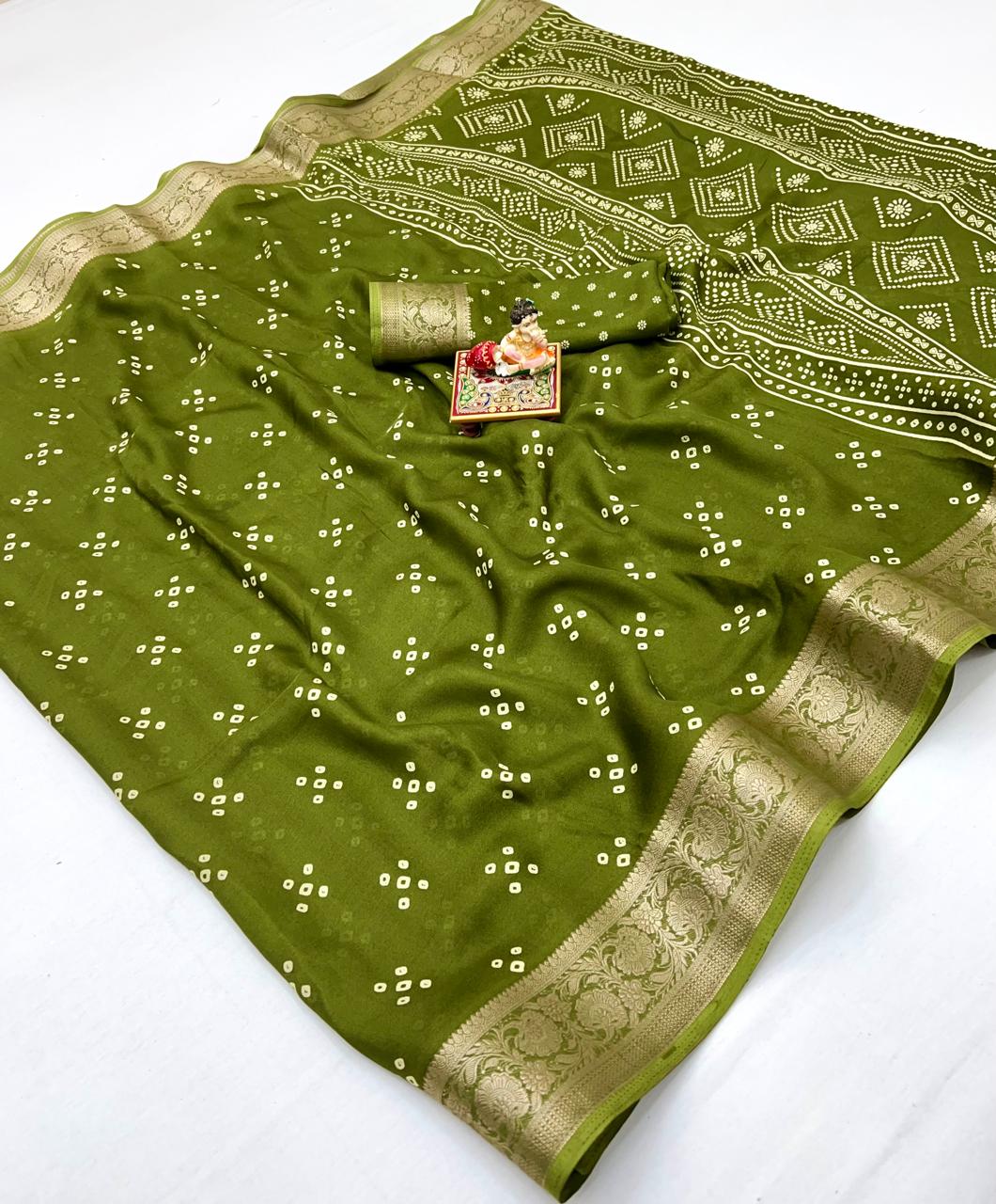 Olive Green Printed Moss Georgette Saree With Zari