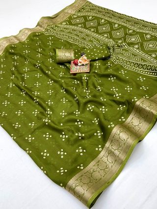 Olive Green Printed Moss Georgette Saree With Zari