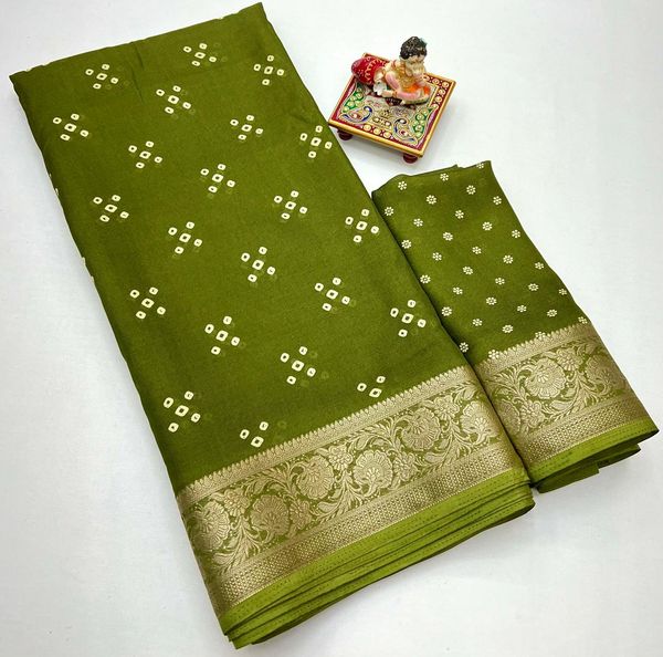 Olive Green Printed Moss Georgette Saree With Zari