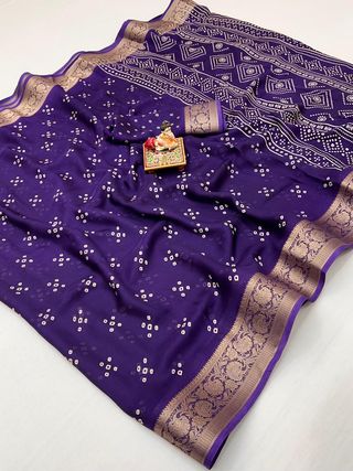 Designer Purple Printed Saree With Zari Woven Border