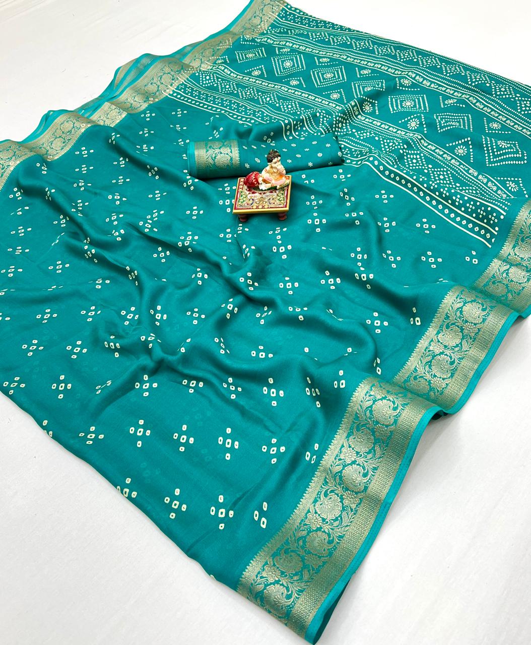Teal Calcutta Moss Georgette Printed Saree With Zari