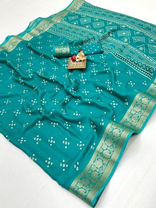 Teal Calcutta Moss Georgette Printed Saree With Zari