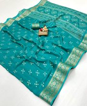 Teal Calcutta Moss Georgette Printed Saree With Zari - Teal