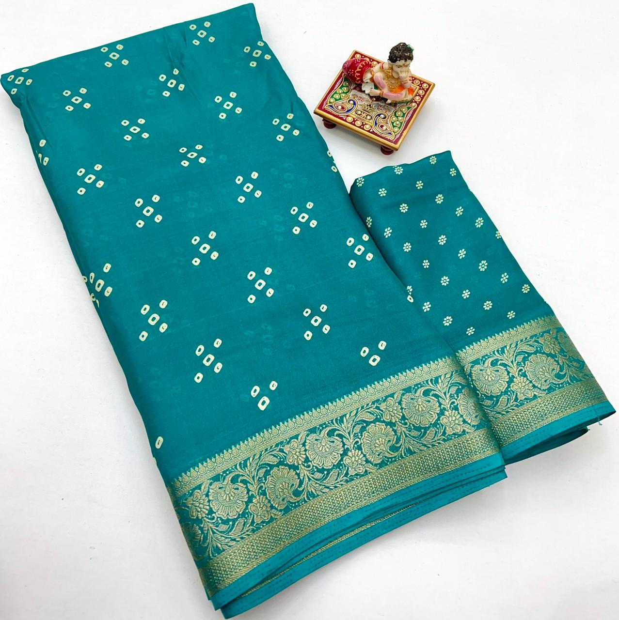 Teal Calcutta Moss Georgette Printed Saree With Zari