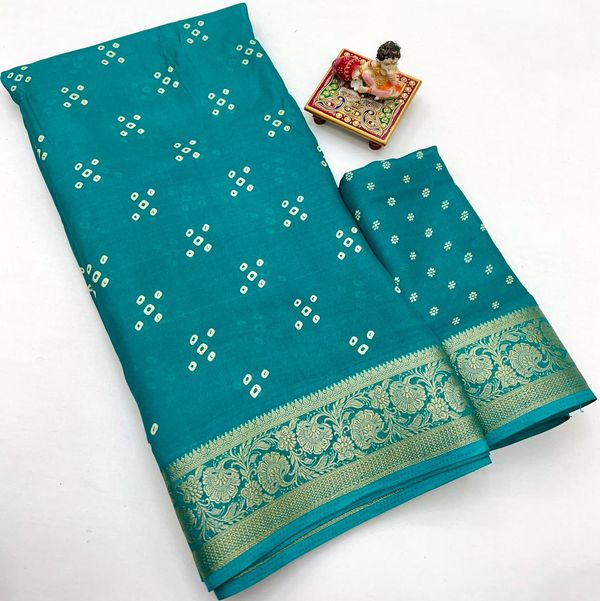 Teal Calcutta Moss Georgette Printed Saree With Zari