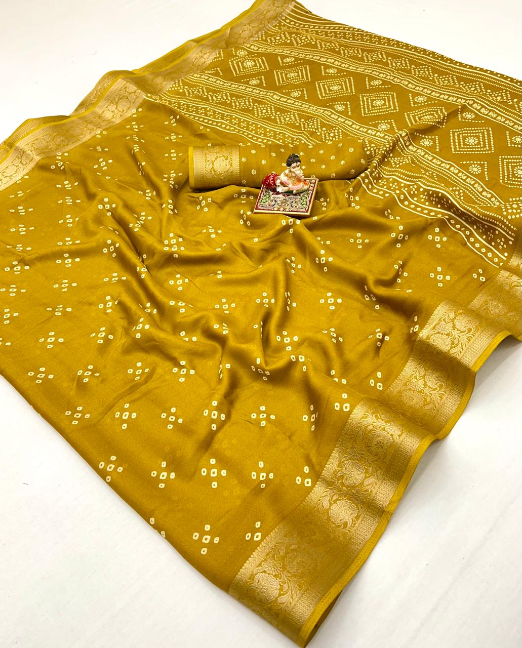 Mustard Calcutta Moss Georgette Printed Saree With Zari