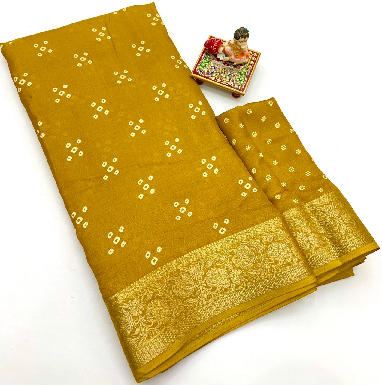 Mustard Calcutta Moss Georgette Printed Saree With Zari