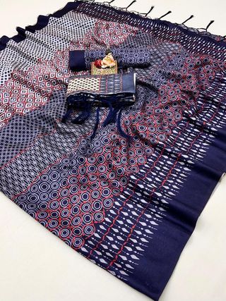Navy Pashmina Printed Saree With Shawl And Blouse