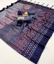 Navy Pashmina Printed Saree With Shawl And Blouse - Navy