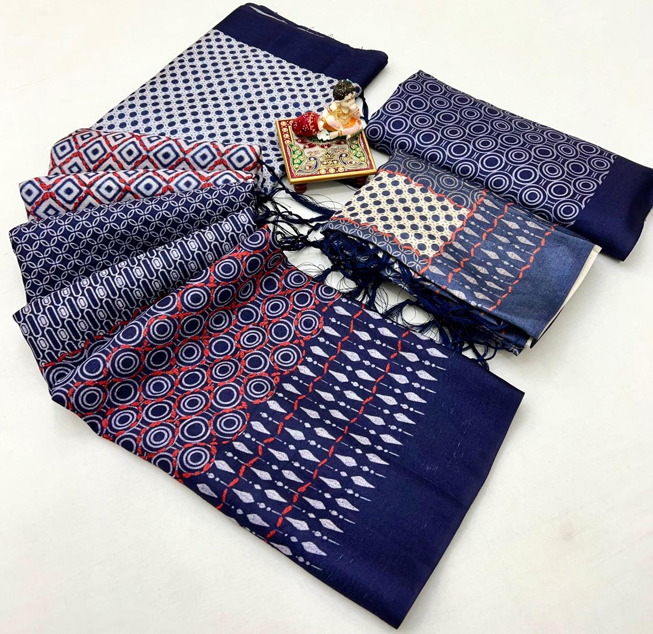 Navy Pashmina Printed Saree With Shawl And Blouse