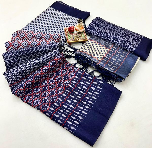 Navy Pashmina Printed Saree With Shawl And Blouse