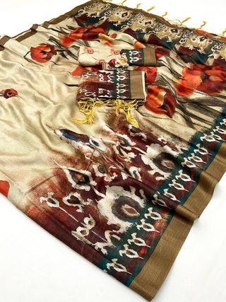 Cream Floral Printed Pashmina Saree With Shawl Set