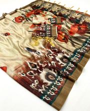 Cream Floral Printed Pashmina Saree With Shawl Set - Cream