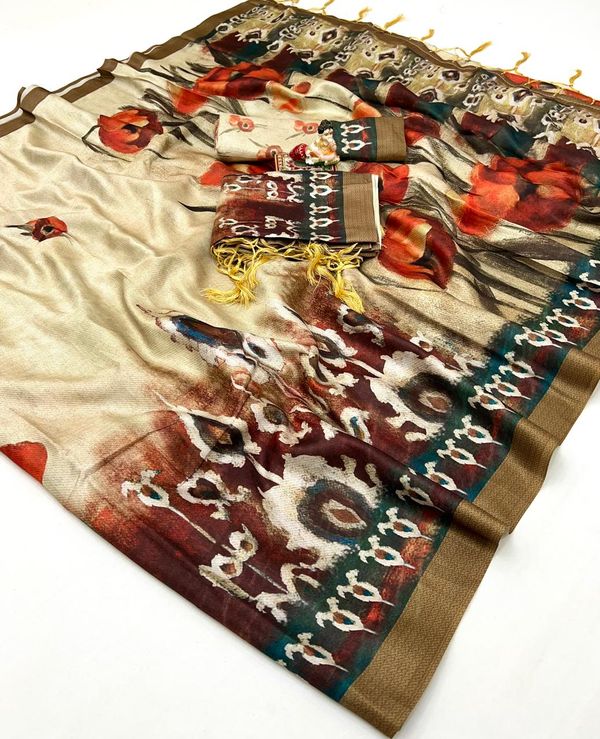 Cream Floral Printed Pashmina Saree With Shawl Set