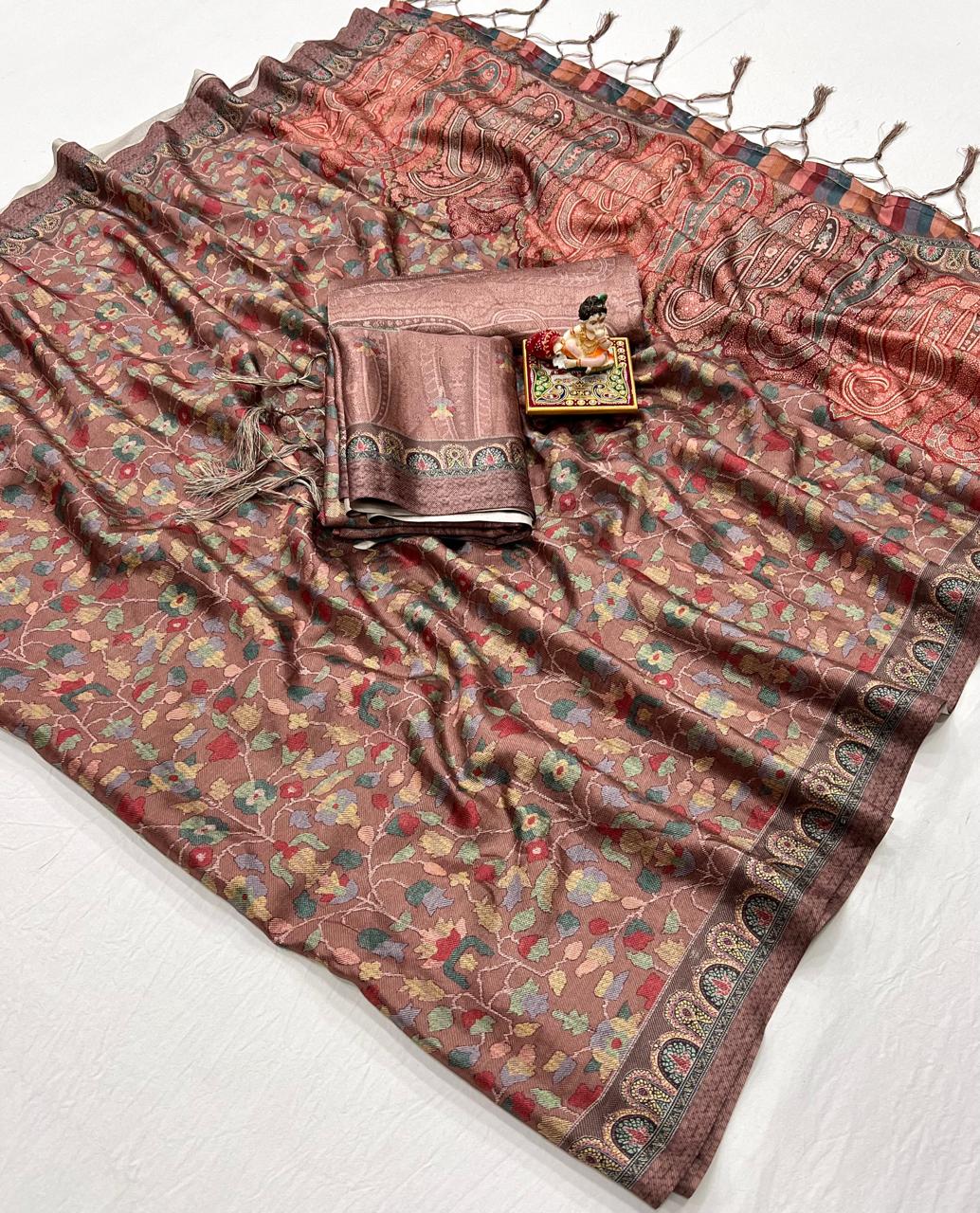 Brown Floral Pashmina Saree With Shawl And Blouse