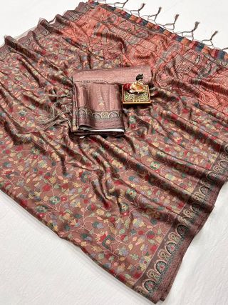 Brown Floral Pashmina Saree With Shawl And Blouse