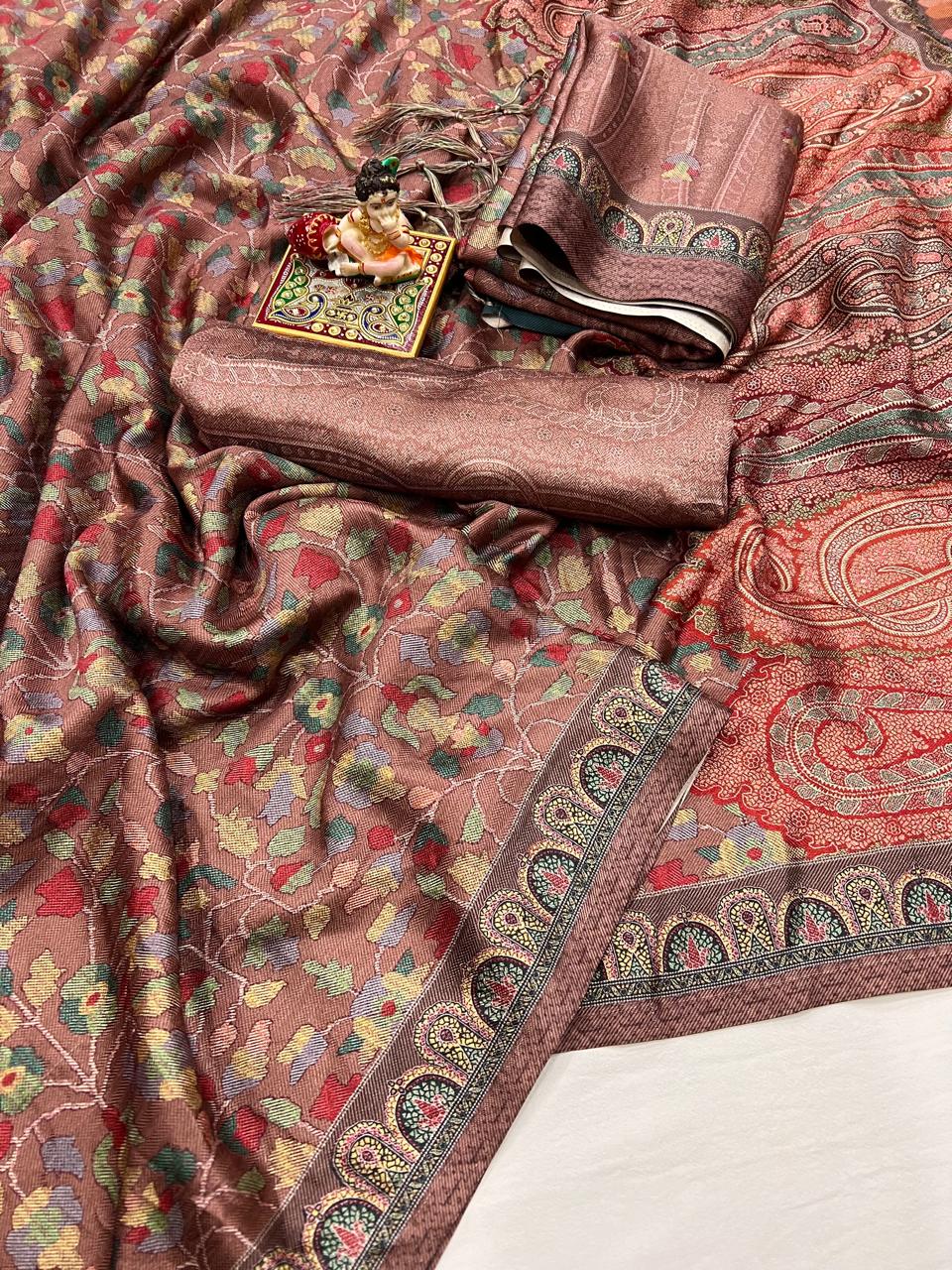 Brown Floral Pashmina Saree With Shawl And Blouse