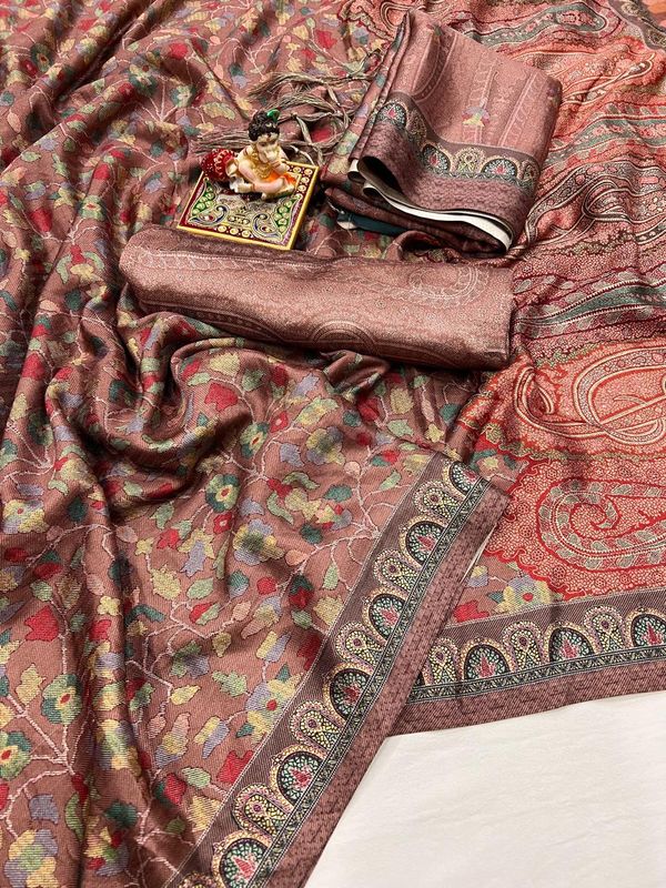 Brown Floral Pashmina Saree With Shawl And Blouse