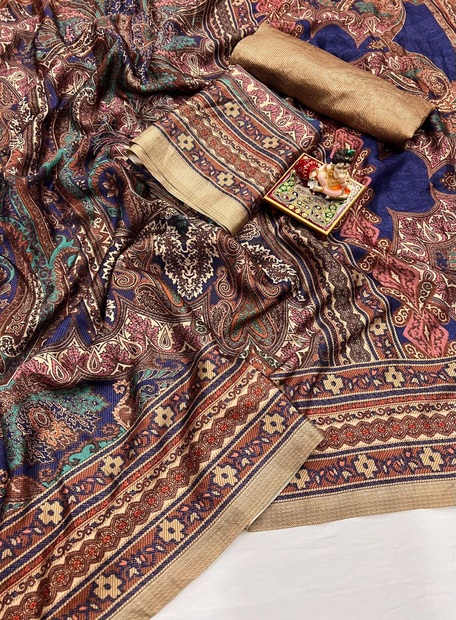 Multicolor Paisley Pashmina Saree With Shawl Set