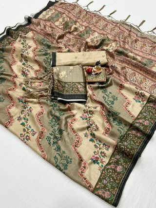 Cream Floral Pashmina Saree With Shawl & Blouse Online