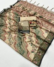 Cream Floral Pashmina Saree With Shawl & Blouse Online - Cream