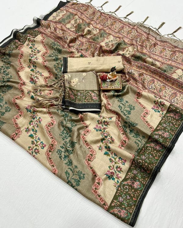 Cream Floral Pashmina Saree With Shawl & Blouse Online