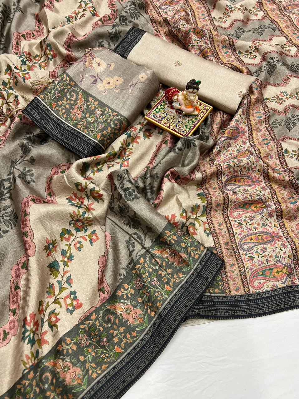 Cream Floral Pashmina Saree With Shawl & Blouse Online