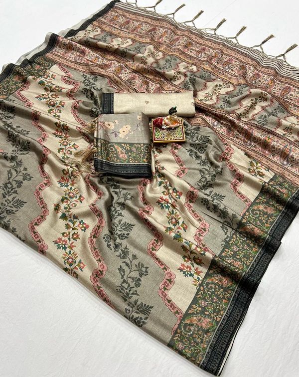 Cream Floral Pashmina Saree With Shawl & Blouse Online