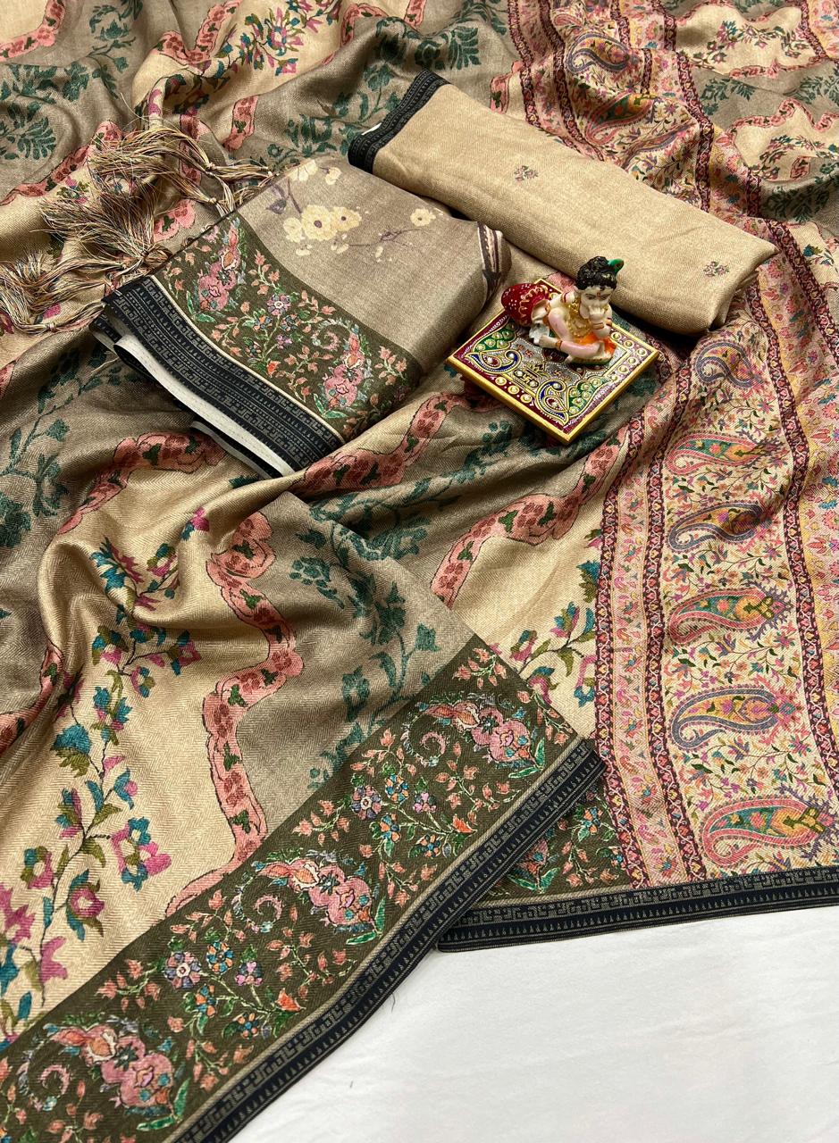 Cream Floral Pashmina Saree With Shawl & Blouse Online