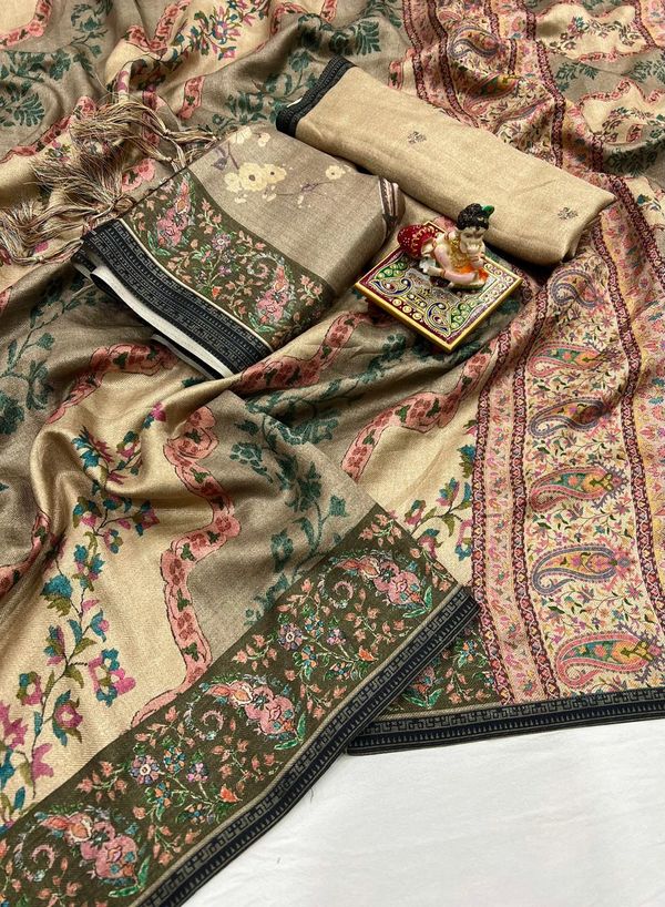 Cream Floral Pashmina Saree With Shawl & Blouse Online