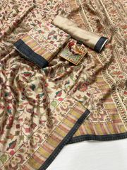 Floral Pashmina Saree With Shawl & Blouse - Beige