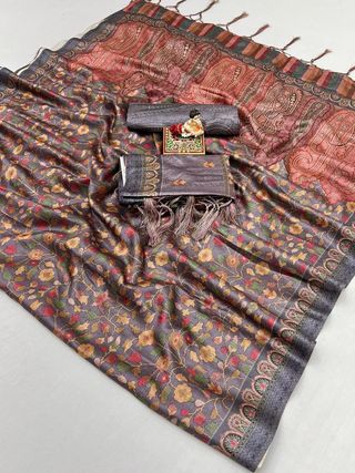 Soft Grey Floral Pashmina Saree With Shawl & Blouse