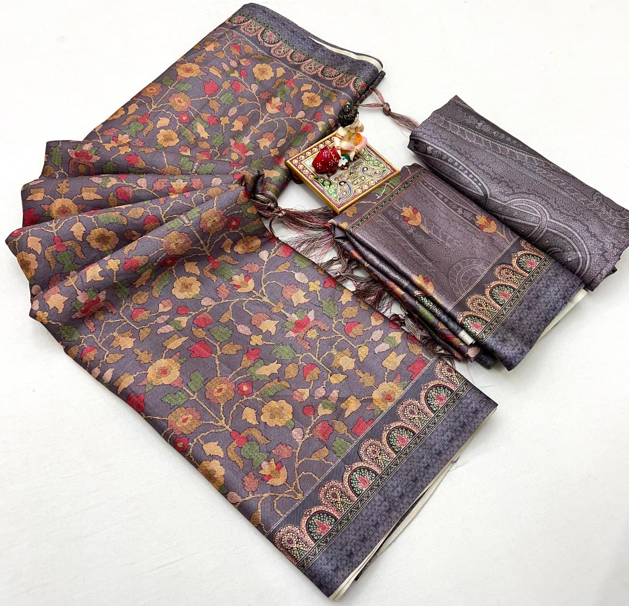 Soft Grey Floral Pashmina Saree With Shawl & Blouse