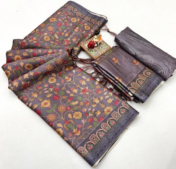 Soft Grey Floral Pashmina Saree With Shawl & Blouse