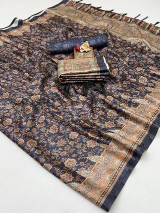 Navy Floral Pashmina Saree With Shawl & Blouse Piece
