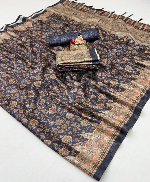 Navy Floral Pashmina Saree With Shawl &Amp; Blouse Piece