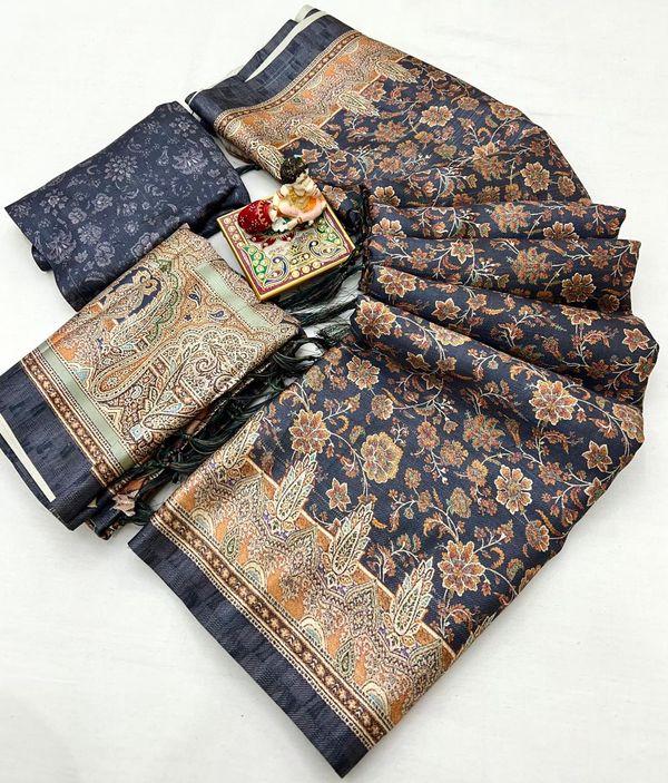 Navy Floral Pashmina Saree With Shawl &Amp; Blouse Piece