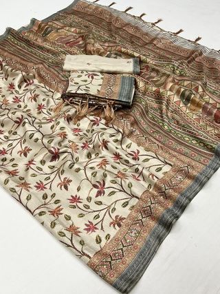 Traditional Cream Pashmina Saree With Shawl For Women