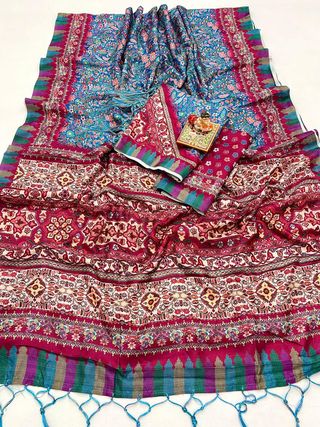 Blue Designer Pashmina Saree With Shawl & Blouse Piece